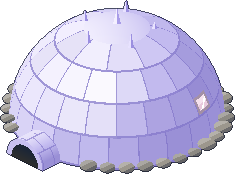 A large igloo with a wooden door and quartz windows