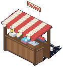 A market stall with a striped awning