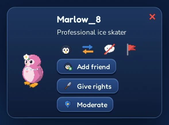 The card of a visitor in your own room, with the Give rights and Moderate buttons.
