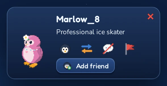 A penguin's card. From here you can see their profile, start a trade, add them as a friend, or ignore or report them.