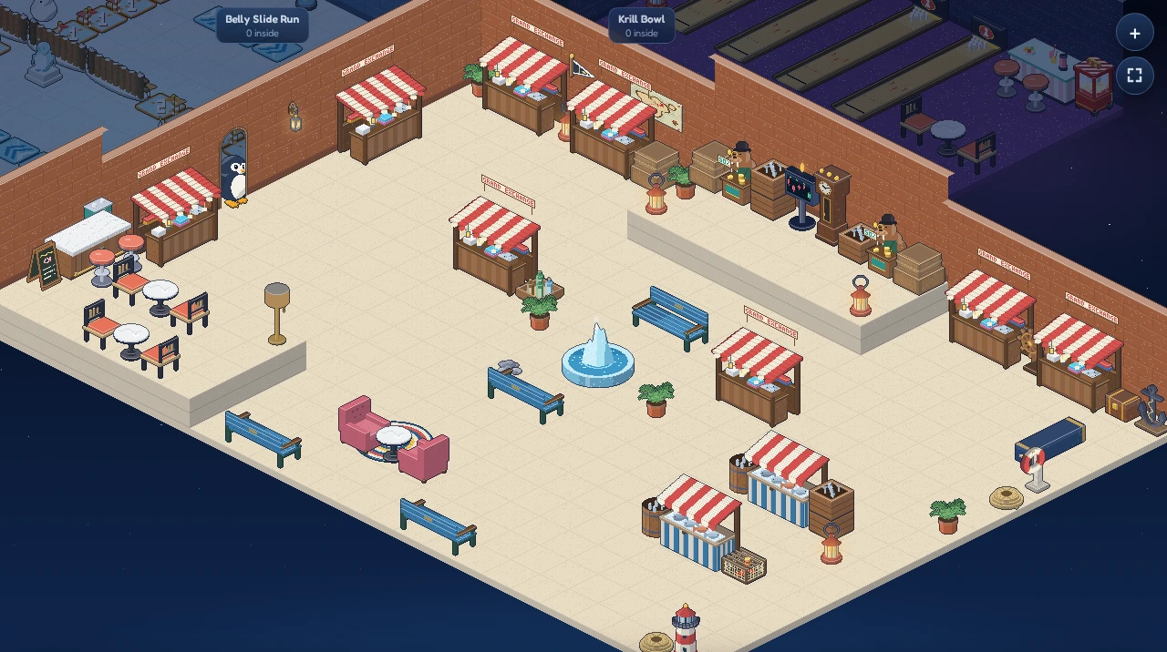 The Grand Exchange: market stalls all round the hall, the two walrus dealers on the dais at the back.