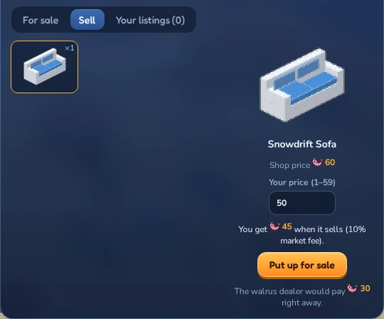 Selling a sofa: 50 Krill, of which you get 45.