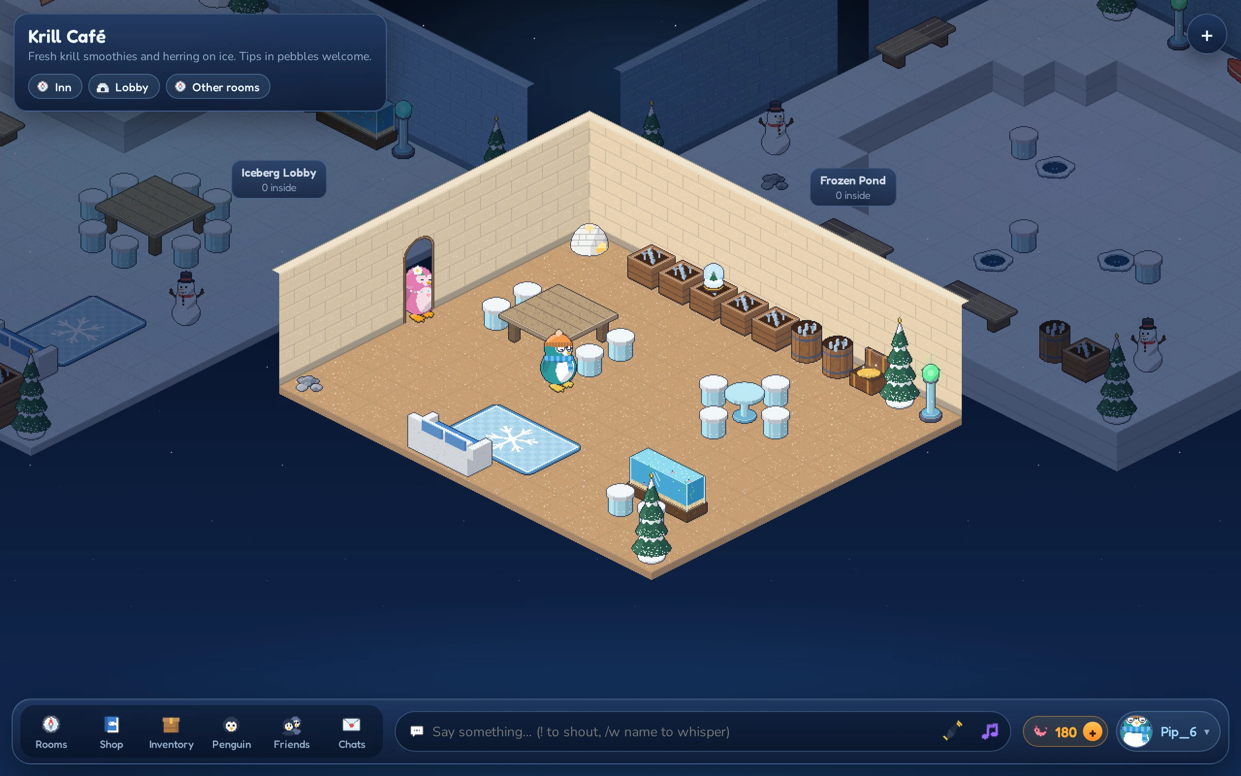 Penguins in the Krill Café, a warm room with tables, smoothies and a snooker table