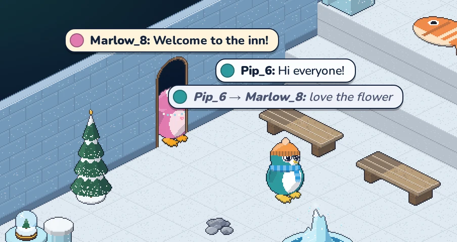 Saying, shouting and whispering, as seen by the pink penguin. The whisper is only visible to her.