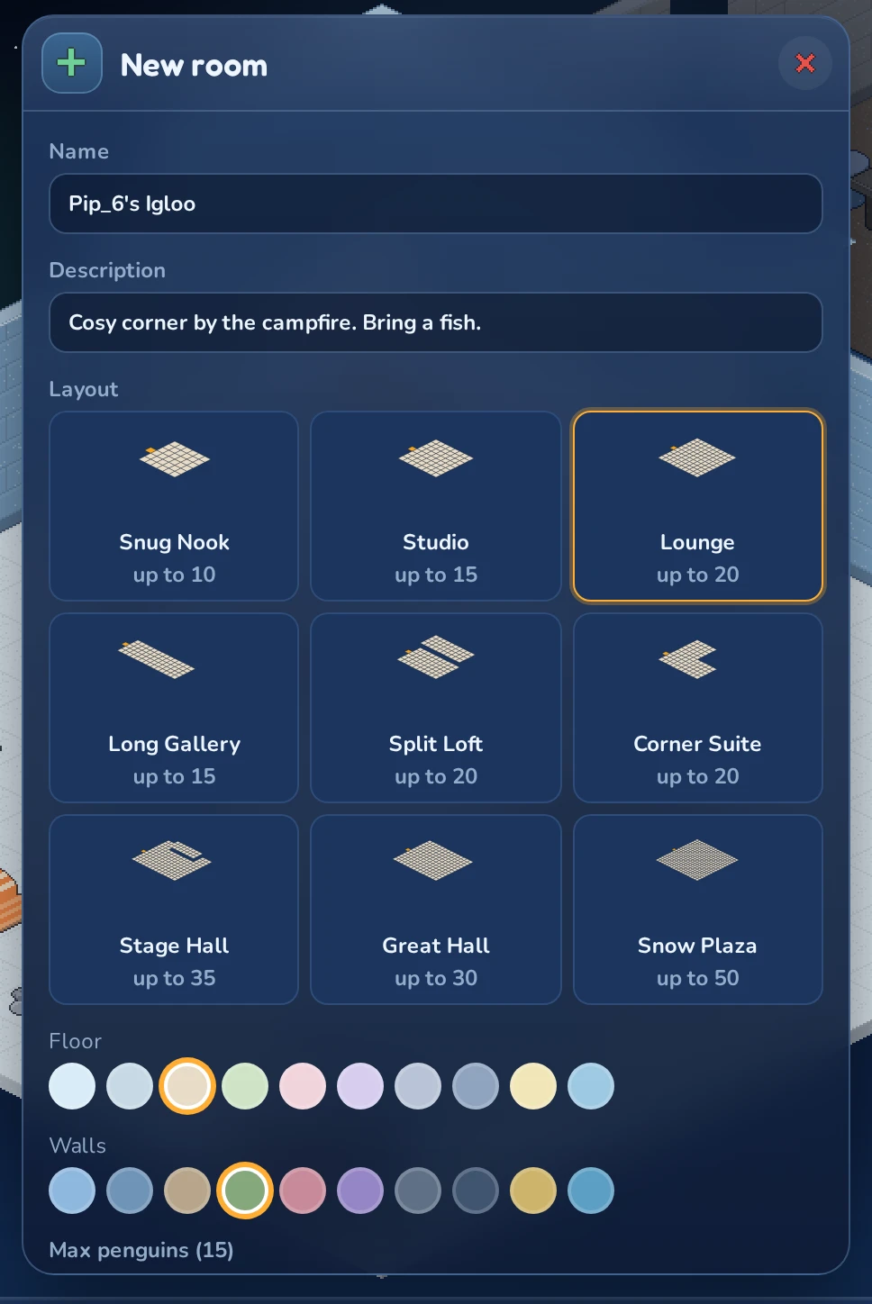 Creating a new room with the Lounge layout.