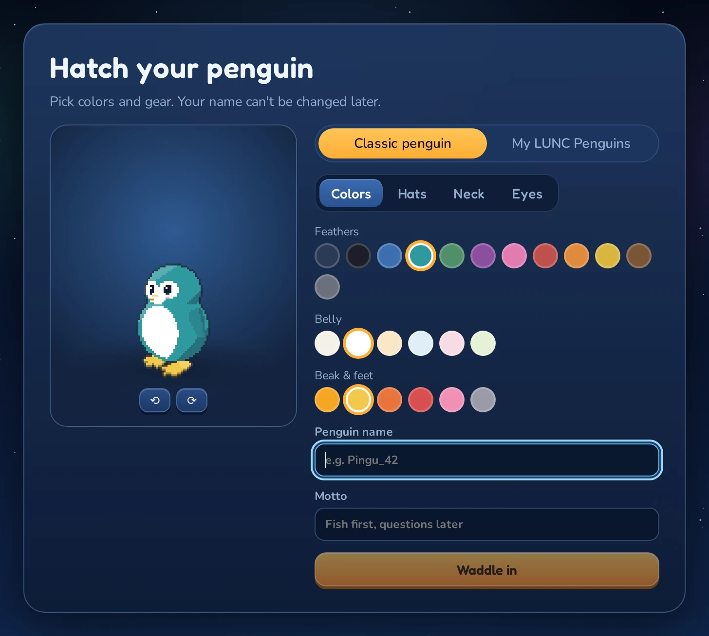 The penguin editor on your first visit, with the Colors tab open.