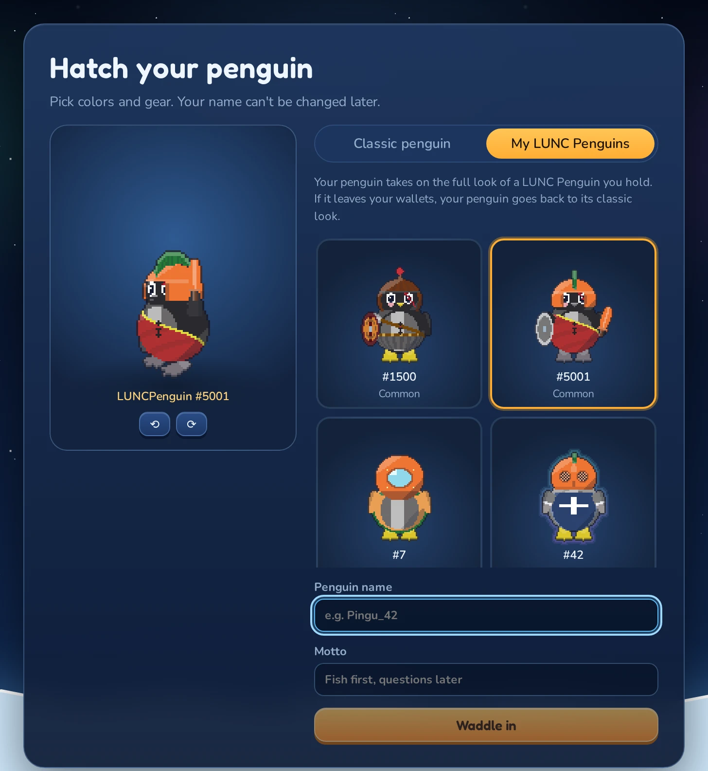 Choosing a LUNC Penguin in the editor.