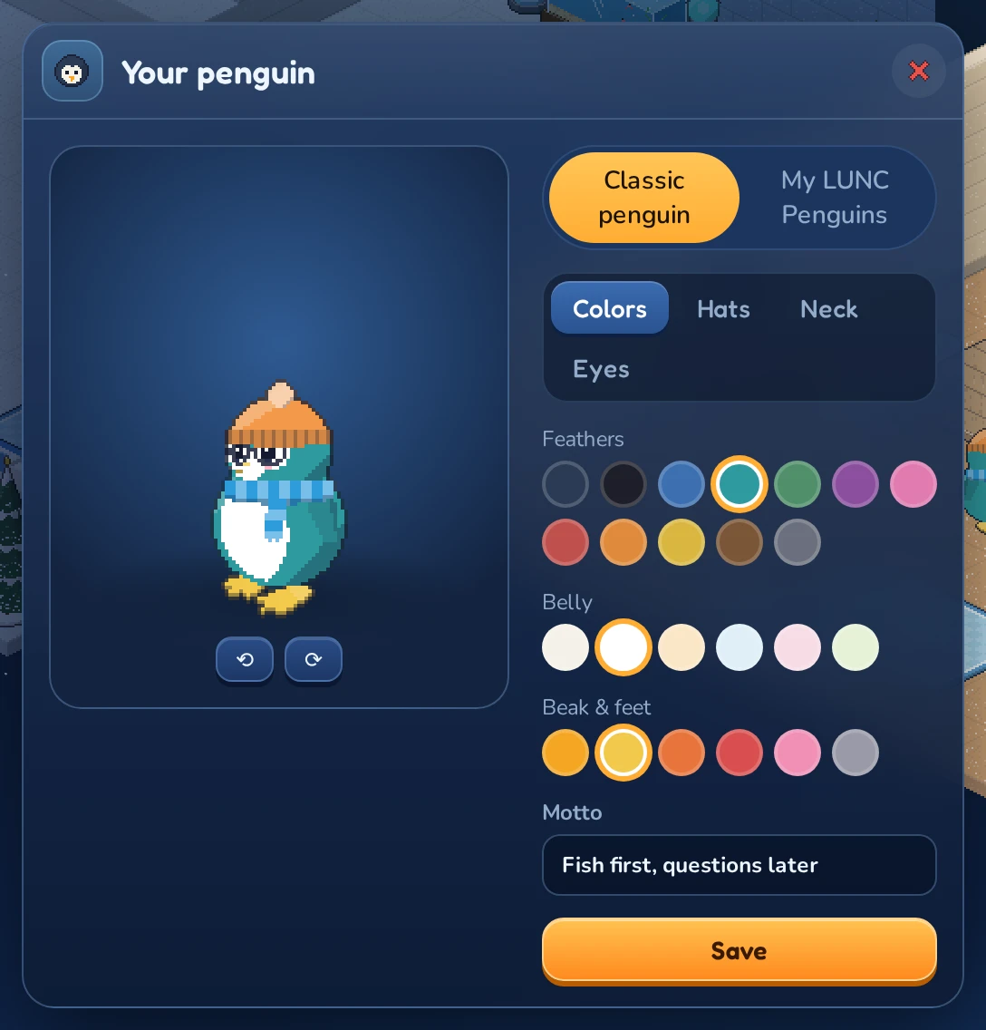 The Your penguin window, opened from the toolbar.