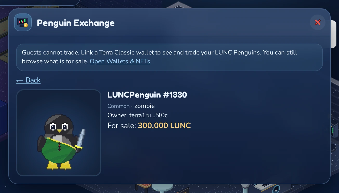A penguin's page: owner and price. Signed in with a wallet, the buttons to buy and make offers appear below.