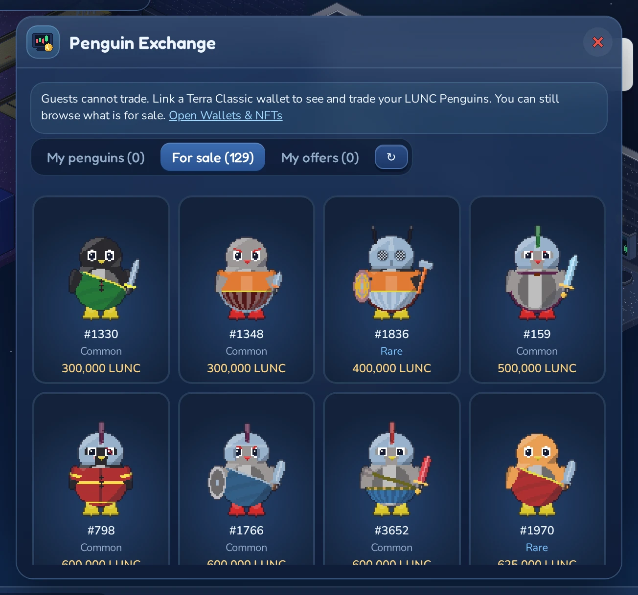 The For sale tab: every LUNC Penguin on the market, cheapest first.