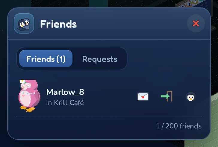 The friends list with a friend in the Krill Café.