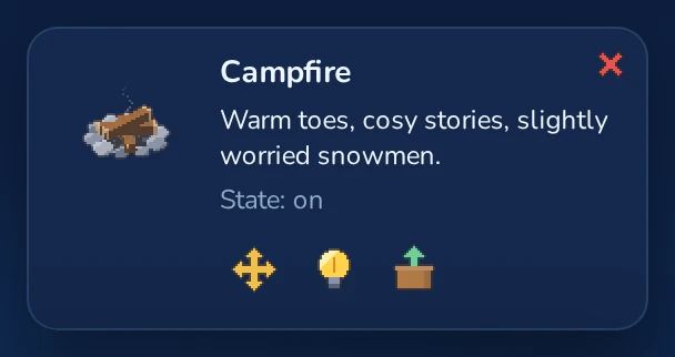 The panel for a selected campfire, with Rotate, Move, Use and Pick up.