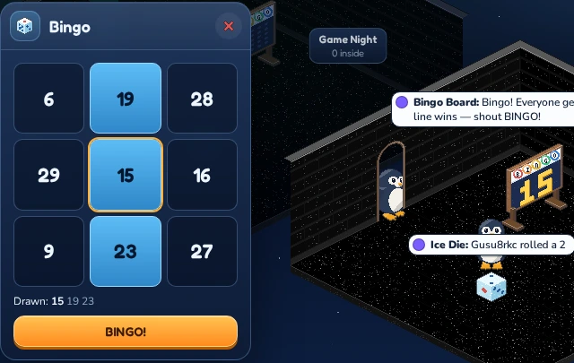 A bingo card with a full line. The BINGO! button is ready.