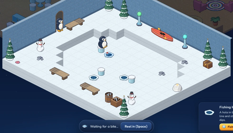 Fishing in the Frozen Pond. The bar at the bottom shows the Reel in button.