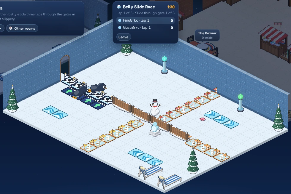 A belly-slide race. The panel lists the racers and how many gates each has passed.