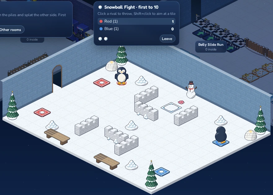 A hit for the red team. The game panel at the top shows the score and the snowballs you have left.