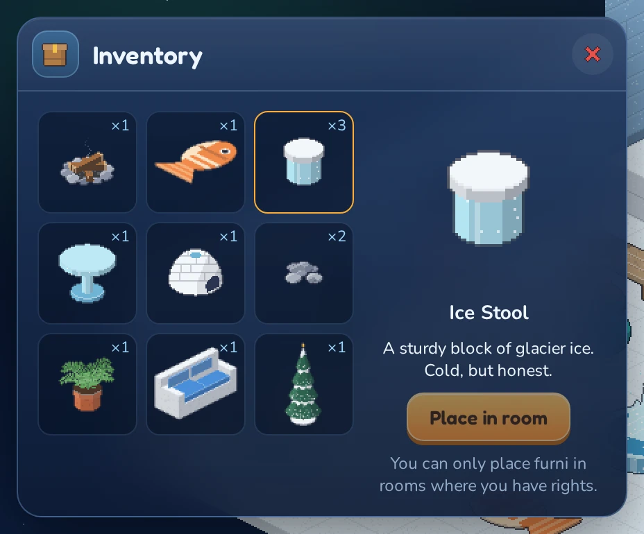 The inventory with the Ice Stools selected. Place in room is greyed out because this is a public room.