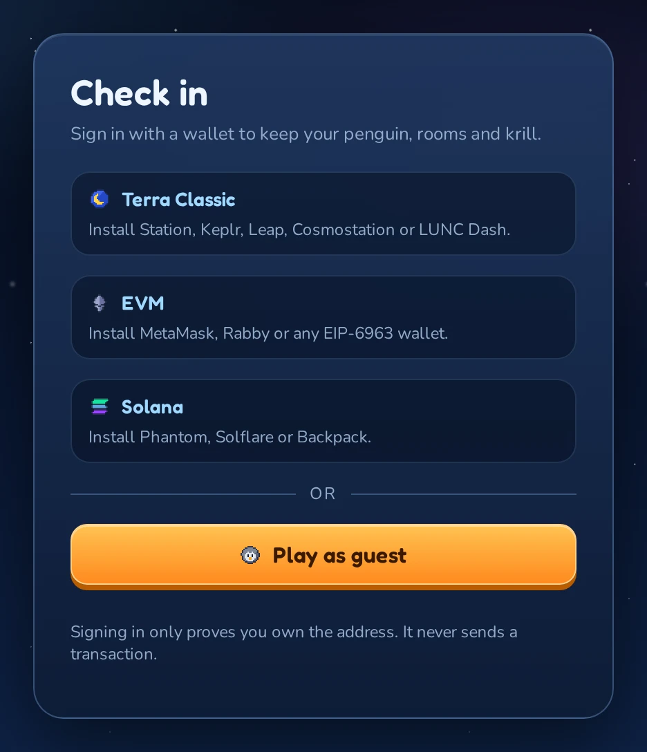 The sign-in screen. Each wallet family has its own section; the guest button sits at the bottom.