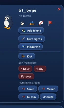 The card of a visitor in your room with the Moderate menu open.