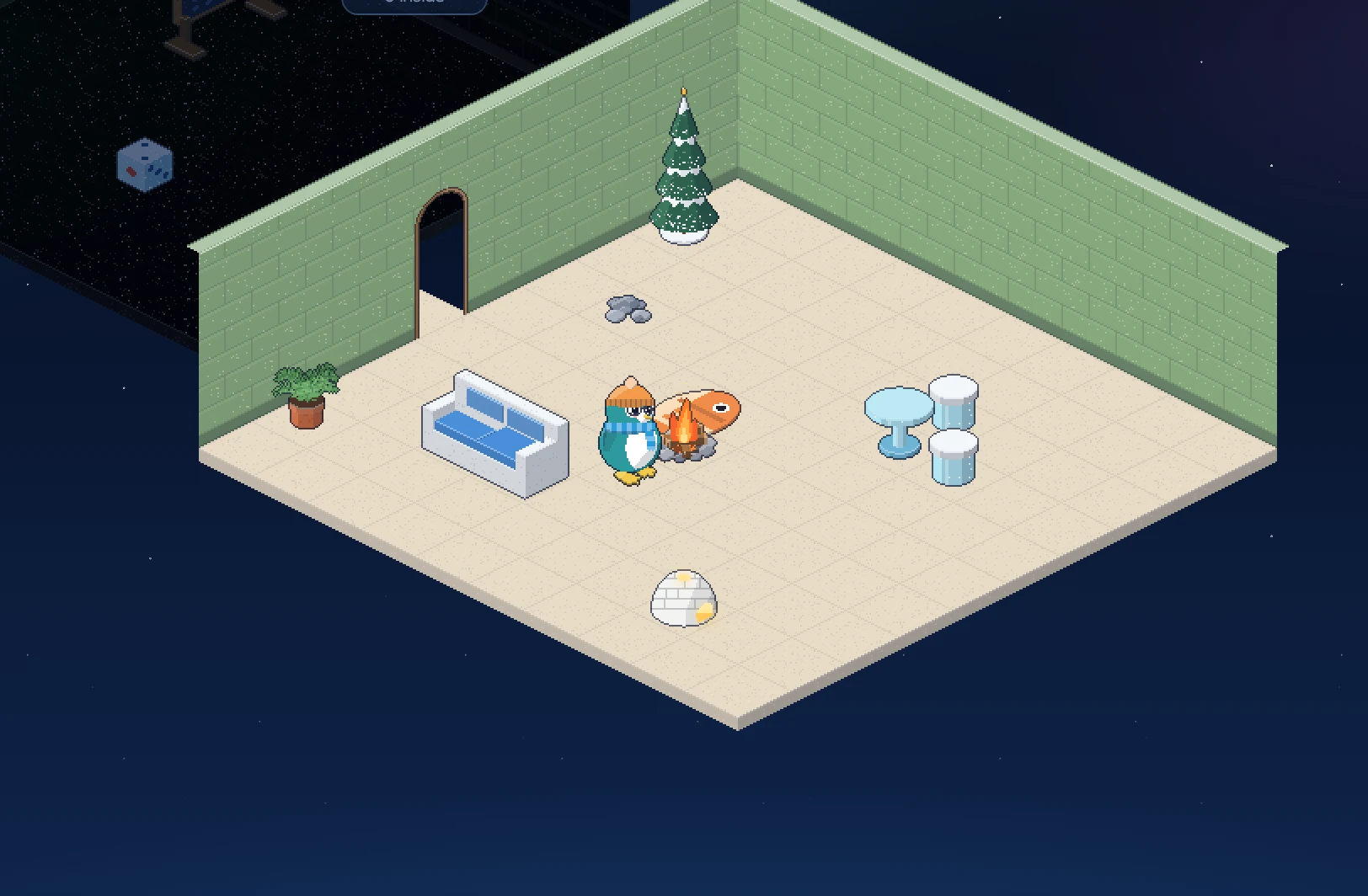A player's own room, furnished with sofas, lamps and plants