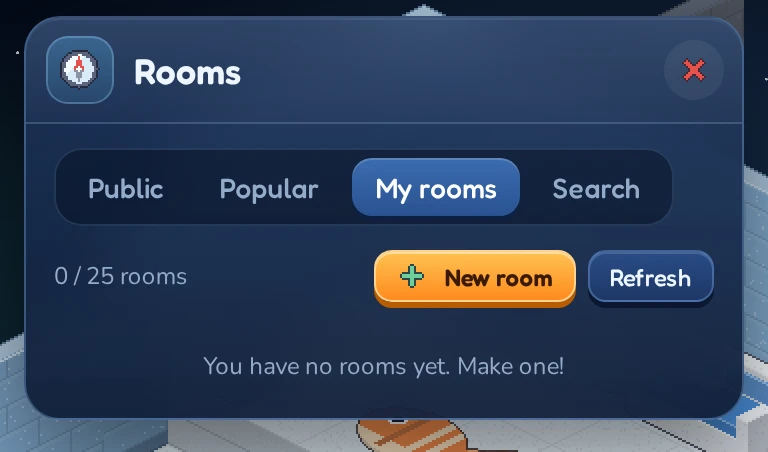 The My rooms tab before you own any rooms.