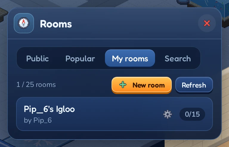 The My rooms tab with one room. The gear button opens its settings.