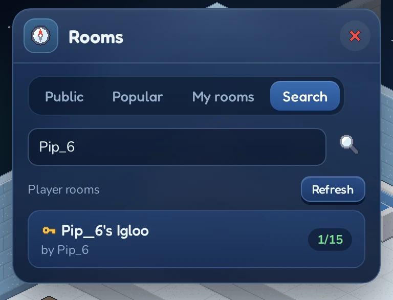 Searching for a friend's room by its owner's name.