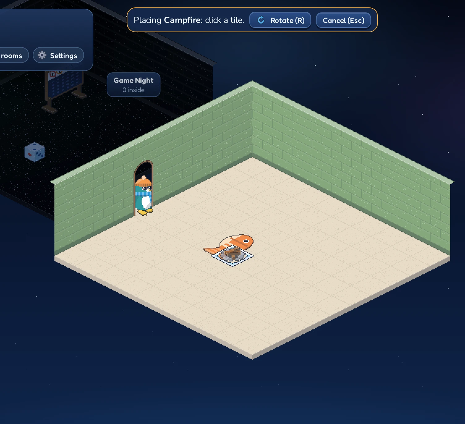 Placing a campfire. The see-through copy shows where it will land.