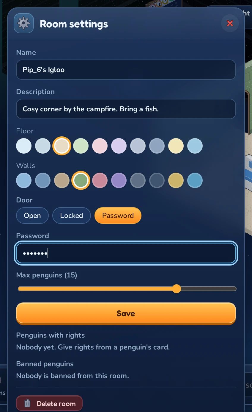 Room settings with the door set to Password.