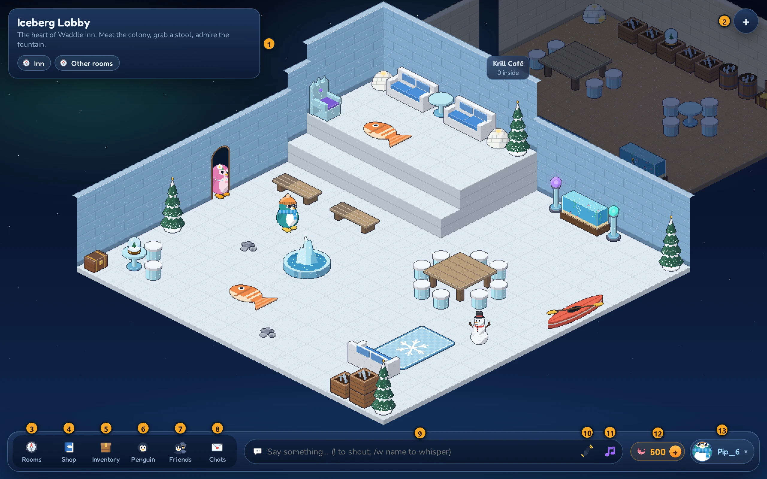 The game screen. The numbers match the table below.