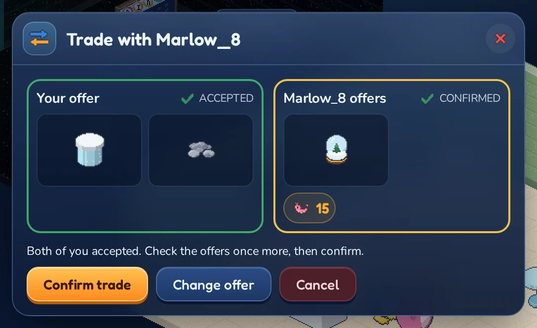 The confirm step. Both offers are frozen; each penguin clicks Confirm trade.