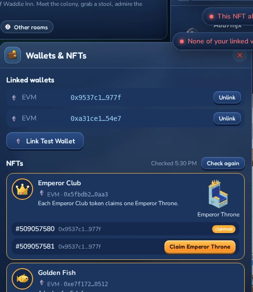 A penguin with two linked EVM wallets. Both can sign in, pay for Krill and hold NFTs.