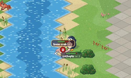 Fighting a snow crab on the river bank.