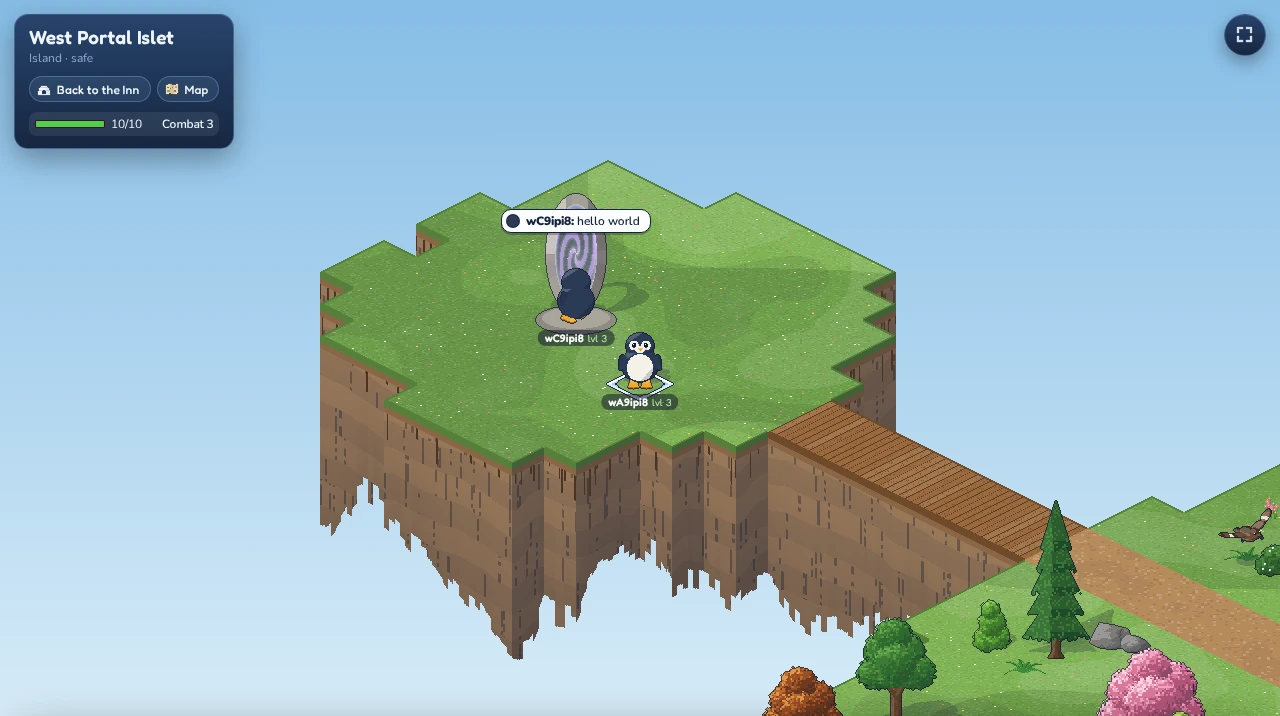 Two penguins on a portal islet, with the bridge to the island behind them.
