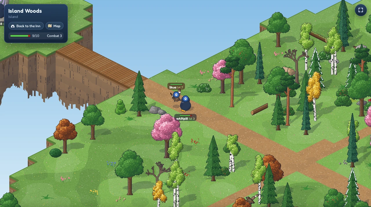 The Island Woods with pines, birches, cherry trees and a dirt path to a bridge